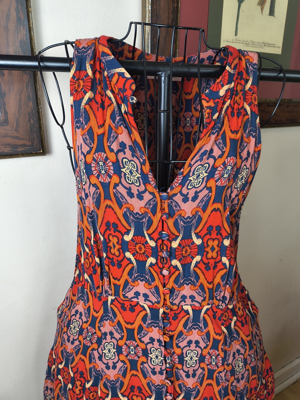 Button front red and blue boho sleeveless mini dress - Picture 4 of 11